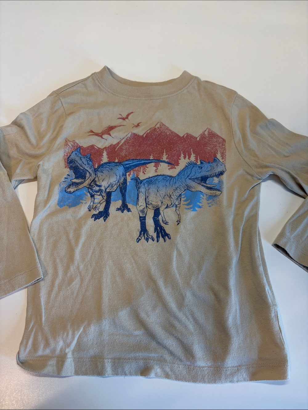OshKosh B'gosh Tan Long-Sleeve Tee with Blue & Red Dino Graphic